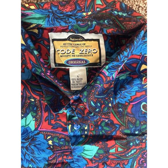 Code Zero Shirt Men's Large Paisley Blue Button Up Rayon Vintage *With Flaw* - Picture 3 of 8